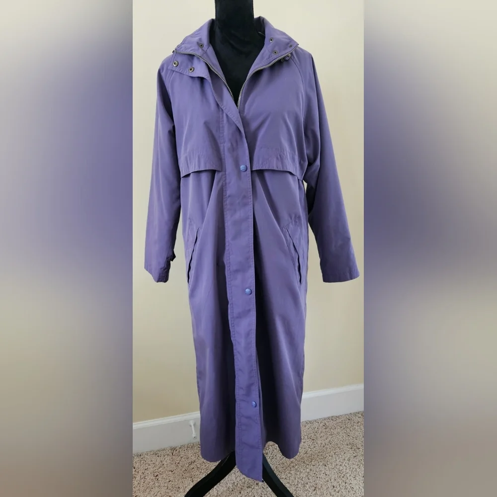 Vintage L.L. Bean Purple Hooded Long Lined Duster Trench Coat Womens Small